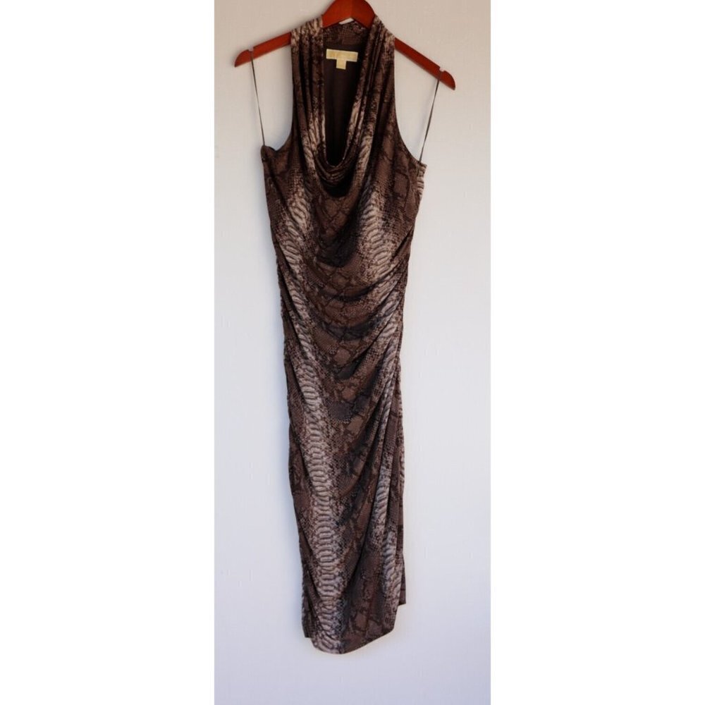 Michael Kors Women's Medium Brown Midi Dress Snakeskin Scoop Neck Stretch Sheath